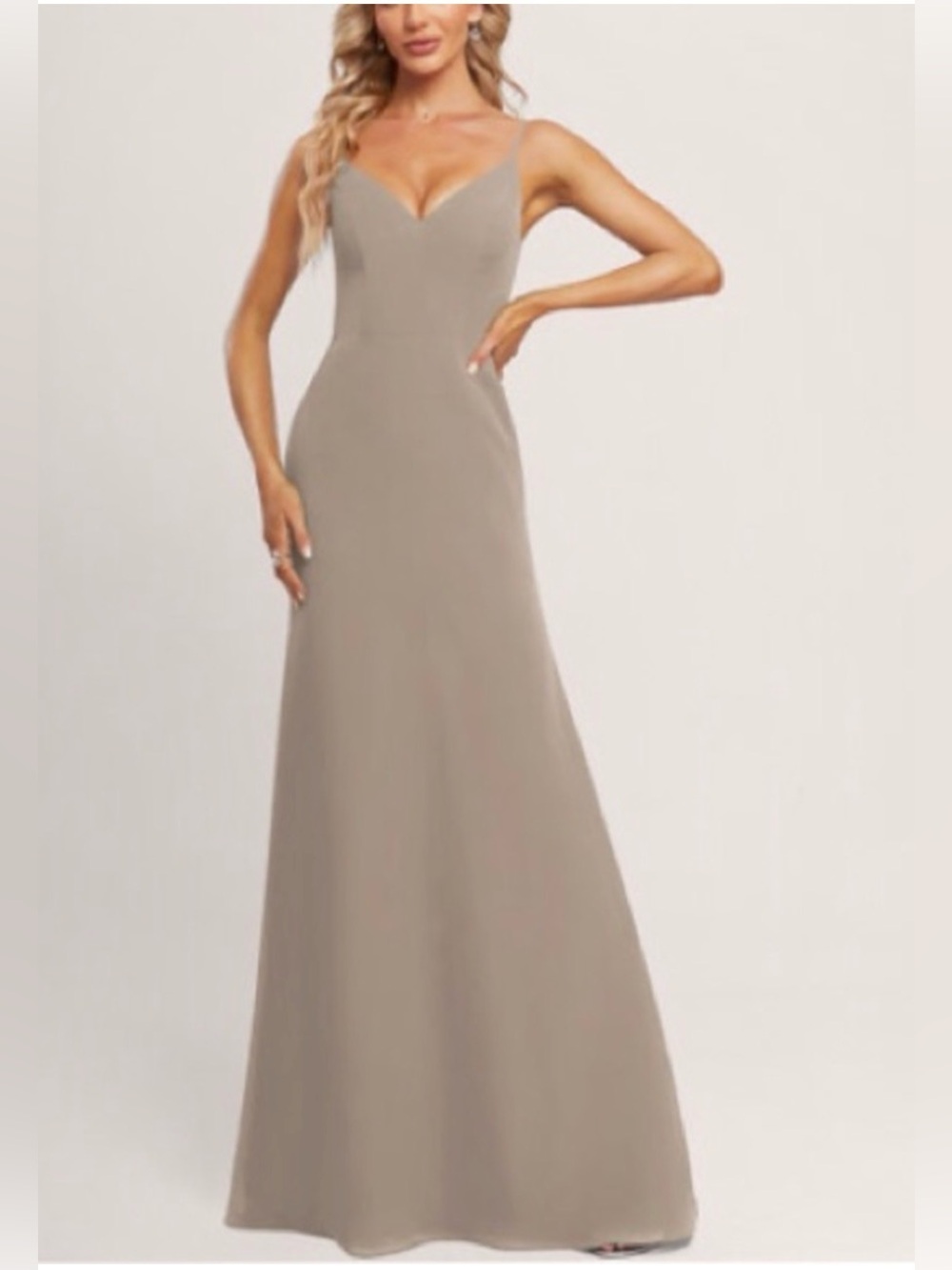 JJs House Taupe A-line V-neck floor length chiffon dress
